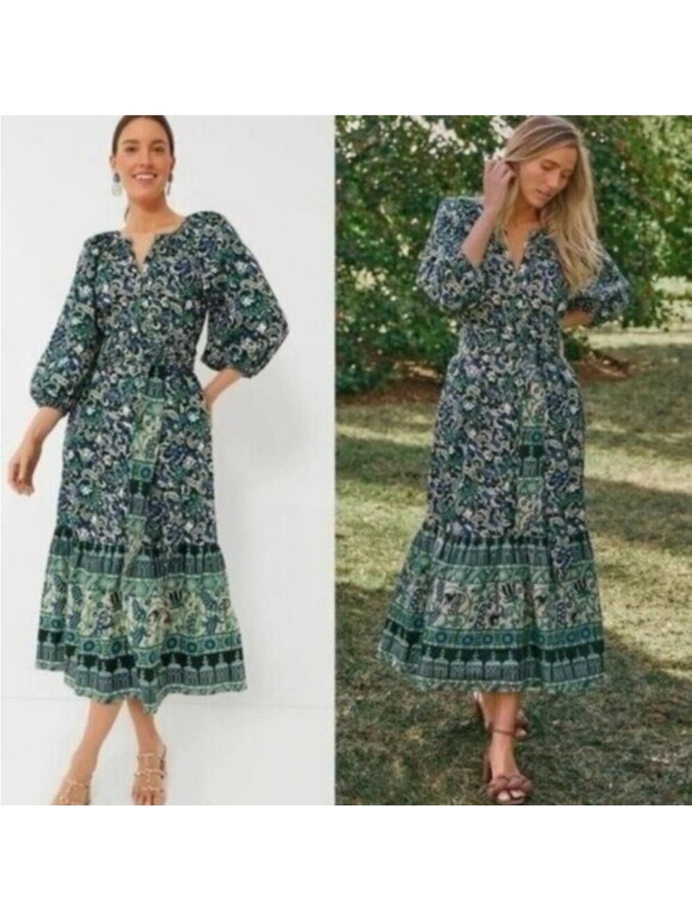 Tuckernuck Batik Floral Lyles Green Blue Puff Sleeve Belted Midi Dress Xs